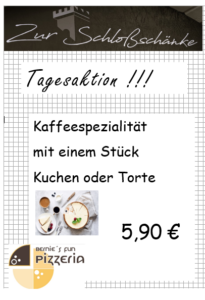 KaffeeSpezialität mit neinem Stück Kuchen oder Torte für 5,90E am Sonntag Logo Bernie's Fun Pizzeria
